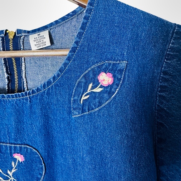 Vintage Blue Embroidered Denim Midi Dress Folk Cottage Medium - Picture 6 of 15
